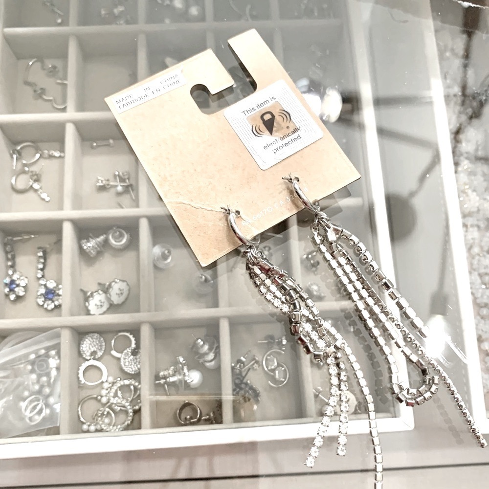 Silver Mini Hoop Rhinestone Cluster Chain Dangling Earrings - Picture 2 of 2